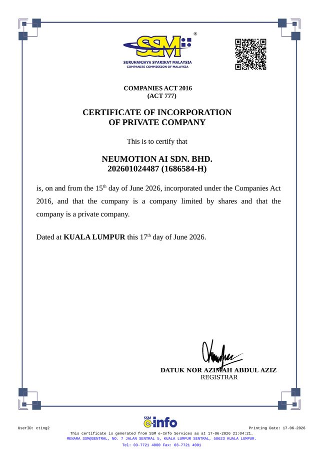 NEUMOTION AI SDN BHD Certificate of Incorporation